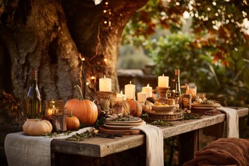 Fototapeta premium Warm autumn outdoor table setting embracing thanksgiving spirit.
