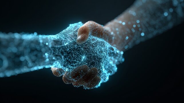 Digital handshake forming future partnerships in technology and innovation, signifying trust and cooperation with interconnected networks for success