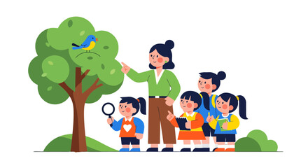 Fototapeta premium Illustration Of A Teacher And Students Studying Nature Observing A Bird On A Tree
