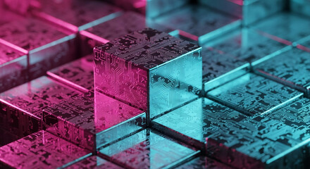 Geometric cube with circuit pattern in pink and cyan hues, reflecting on a surface, representing advanced technology, interconnection, and data processing