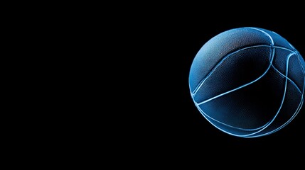 Fototapeta premium Basketball, glowing blue with detailed texture, against dark background, right-side view, copy space