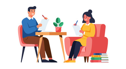 Fototapeta premium Illustration Of Two People Writing And Communicating While Surrounded By Furnishings