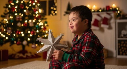 Smiling little boy with Down syndrome holding Christmas star ornament next to Christmas tree. Child in pajamas enjoys Christmas celebrations and festive cheer, Christmas joy shining in his eyes.