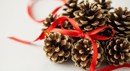 Goldtipped pine cones tied with a red ribbon rest on a bright surface