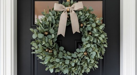 Greenery wreath with bells  beige bow on black door framed by white trim