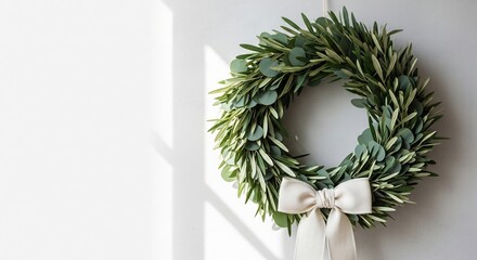 Greenery wreath with bow hangs on white wall illuminated by sunlight
