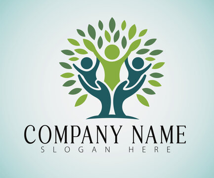 A logo design depicting a stylized tree formed
from interconnected silhouettes of children, symbolizing growth and community.