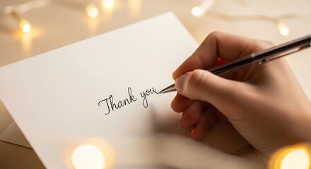 Hand writing Thank you with a pen on white card in a warm softly lit setting