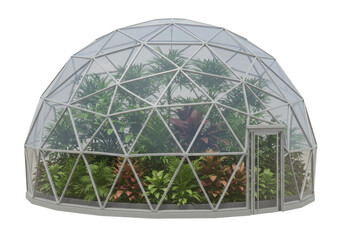 Fototapeta premium Isolated geodesic greenhouse containing various plants in a lush botanical garden setting