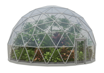 Isolated geodesic greenhouse containing various plants in a lush botanical garden setting