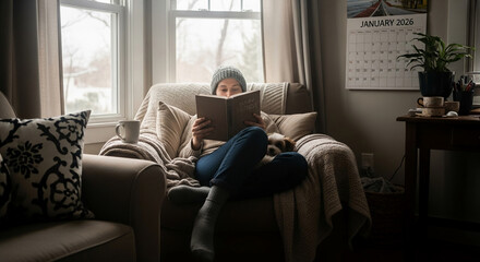 Obraz premium Indoor scene of a woman reading a book in a comfortable armchair with a dog, symbolizing relaxation and leisure time in a cozy environment