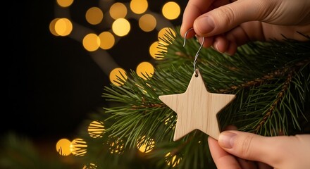 Hands hang a wooden star ornament on a pine branch blurred lights in the background