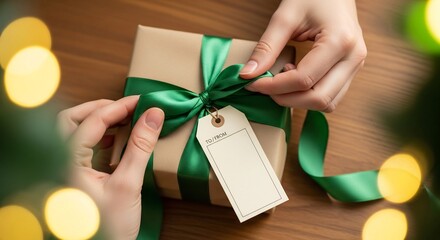 Hands adjust a green ribbon on a gift tag attached Bokeh lights frame the warm wood background