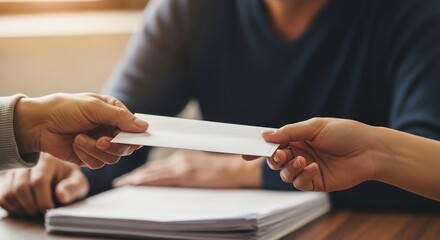 Hands exchange a white envelope over a stack of papers on a wooden table