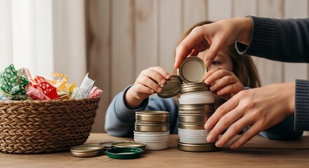 Hands help a child stack metal lids near a wicker basket of colorful fabric scraps on a wooden surface