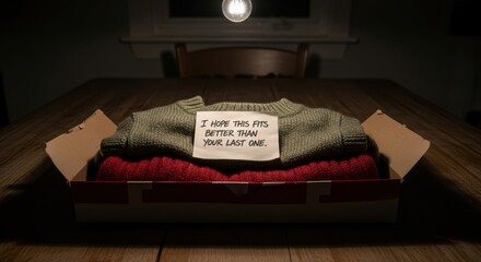 Thinking of you gift including folded sweaters inside box displayed on wooden table in dim lighting. Thinking of you package includes clothes and message hoping that item will be better than last one.