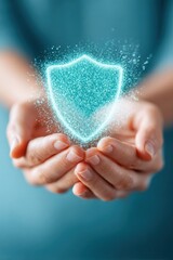 Hands holding a glowing shield symbol for protection