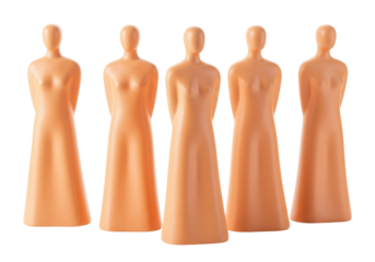Isolated female figures, generic woman shape in light-orange, blank mannequin in a row