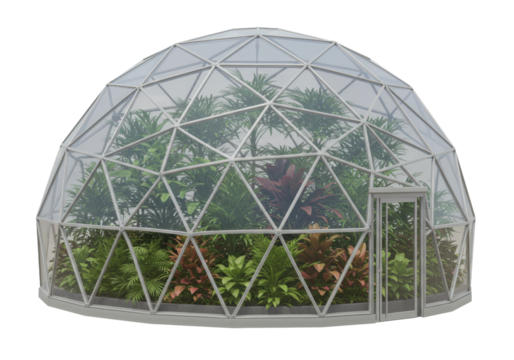 Isolated geodesic greenhouse containing various plants in a lush botanical garden setting