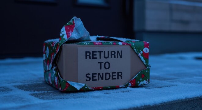 Return to sender box wrapped in festive paper on snowy doorstep in evening light. Return to sender concept for mail delivery issues, failed holiday gifts, or undeliverable packages,