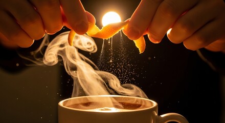 Hands squeeze orange peel over steaming cup releasing citrus oil