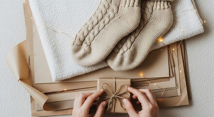 Hands tie a string bow around a wrapped gift box atop paper by a blanket  socks