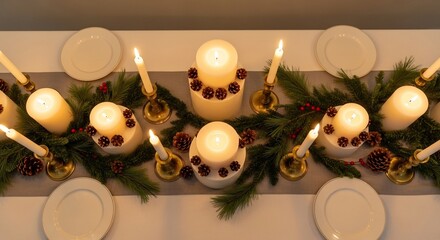 Holiday tablescape candles pine plates and cones arranged atop a grey table runner on a white tablecloth