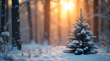 Magical winter wonderland scene with snow-covered Christmas tree at sunset in a serene forest