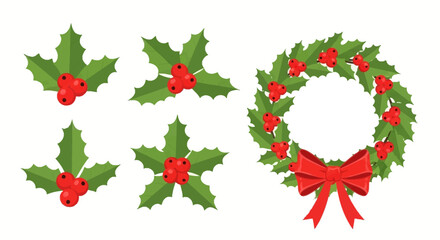 Delightful Flat Vector Design of a Holiday Holly Wreath and Assorted Berry Sprigs, Ideal for Festive Projects and Decorations
