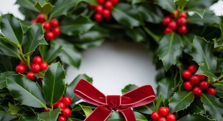 Holly wreath with dark green leaves and red berries tied with a red velvet bow on a white background