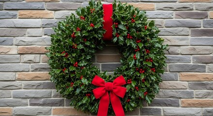 Holly wreath with a red ribbon on a multitoned brick wall