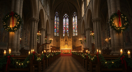 A realistic photo of a midnight Christmas mass in an old Gothic church