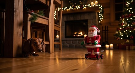 Christmas time with dachshund indoors, a festive scene showing Santa toy near fireplace. Christmas celebration is heartwarming with pet in cozy home.