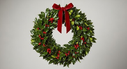 Holly wreath with red berries a red velvet bow and a light gray background