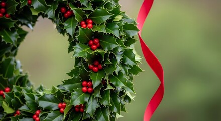 Holly wreath with red berries and a ribbon set against a blurred green background
