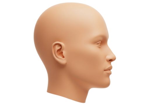 Isolated nude face profile, rendering of a blank mannequin head with no hair, neutral features