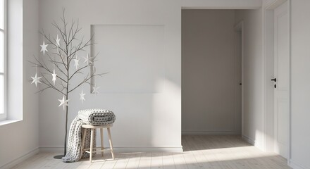 Interior shot showcasing a bare tree with star ornaments draped knit on stool and white wall door and wood floor bathed in sunlight