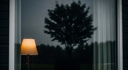 Lamp glows beside window rain streaks glass Tree silhouette looms in background