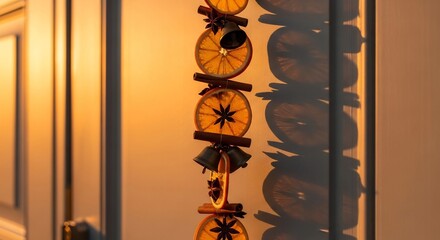 Lit by sunset orange slices star anise bells and cinnamon hang on a light wall casting shadows