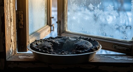 Christmas New Year celebration with a burnt pie on windowsill next to open window. New Year home disaster with a burnt pie left unattended while celebrating Christmas.