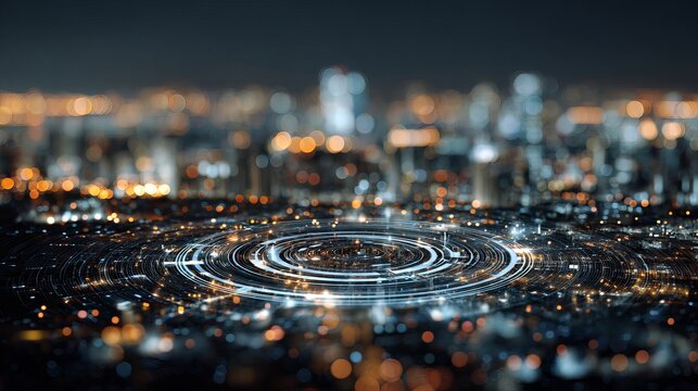 Stunning futuristic cityscape with vibrant bokeh lights and digital network rings, ideal for technology, innovation, and modern business concepts