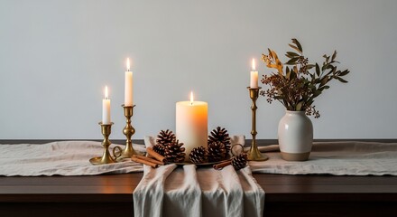 Lit candles pinecones and cinnamon sticks on a table runner