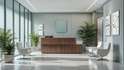 Modern office lobby interior design with reception desk and waiting area