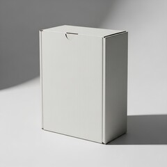Realistic photo of blank cardboard box standing on clean surface, soft shadows, neutral background, front and side view visible, studio lighting setup, ultra-realistic 8k, perfect for product packagin