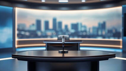 Microphone stands on table in modern tv studio newsroom reporting breaking news