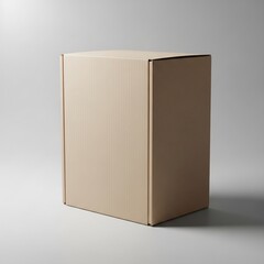 Realistic photo of blank cardboard box standing on clean surface, soft shadows, neutral background, front and side view visible, studio lighting setup, ultra-realistic 8k, perfect for product packagin