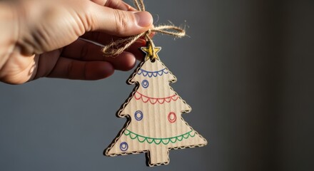 Christmas ornament presented in hand, handmade Christmas ornament from cardboard shaped like small Christmas tree. Ornament is perfect festive decoration,