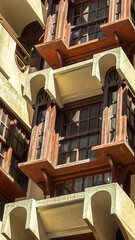 Wooden bay windows on historic building facade