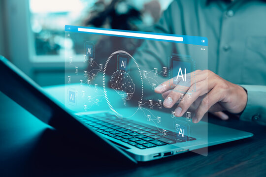 Businessman Using Ai artificial intelligence on laptop to document management concept, online documentation database and digital file storage system or software, records keeping, database technology. - Powered by Adobe