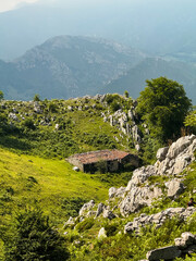 Stone hut nestled in green mountain valley